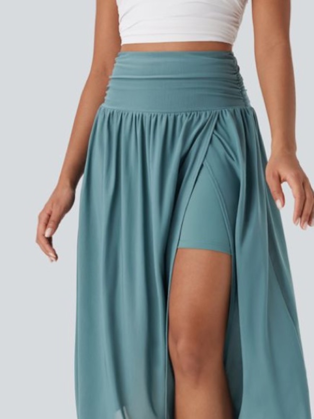 HALARA high waist drawstring contrast mesh 2 in 1 pocket flowy maxi flare skirt